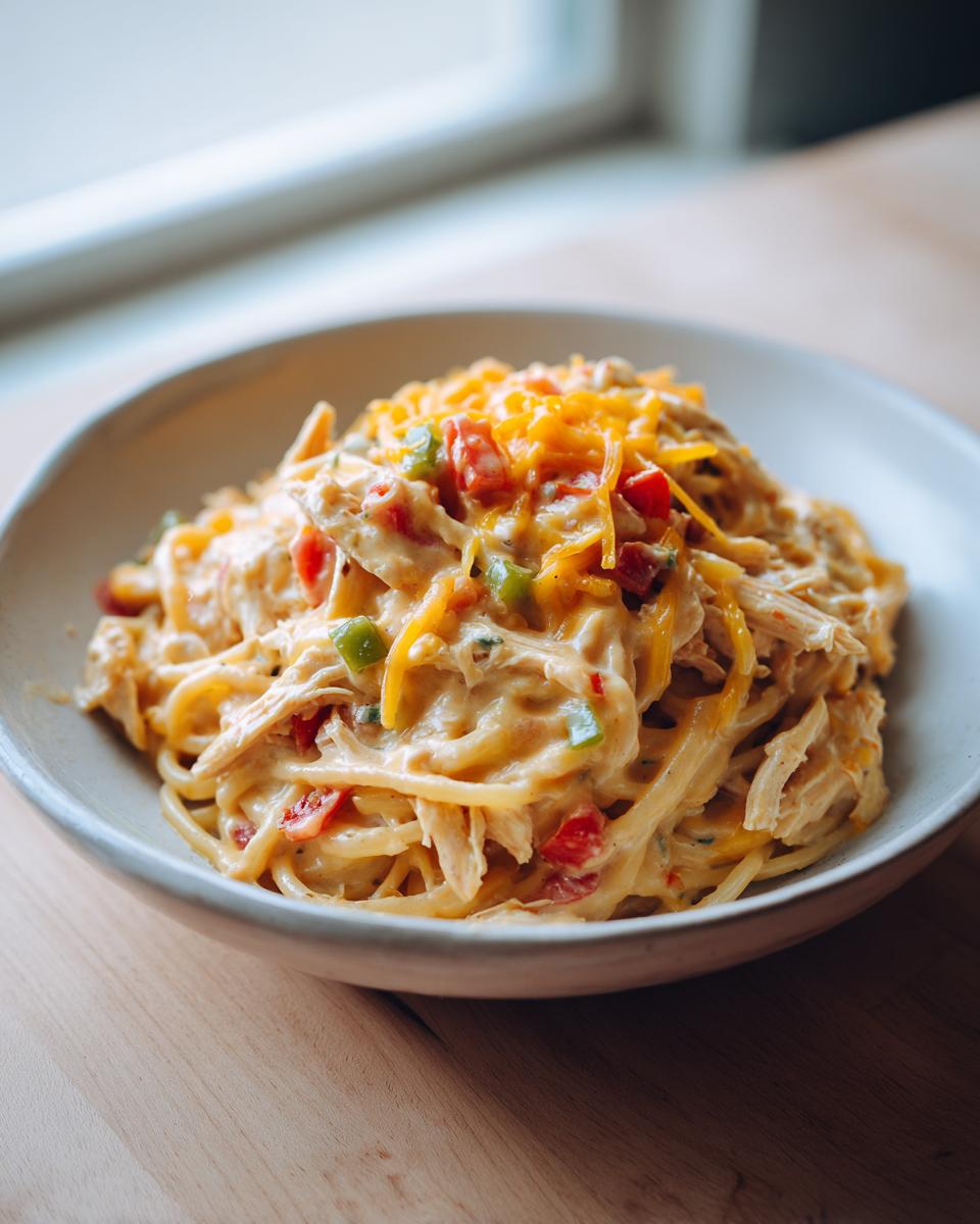 A bowl of creamy Rotel chicken spaghetti topped with shredded cheese and diced tomatoes and green peppers.