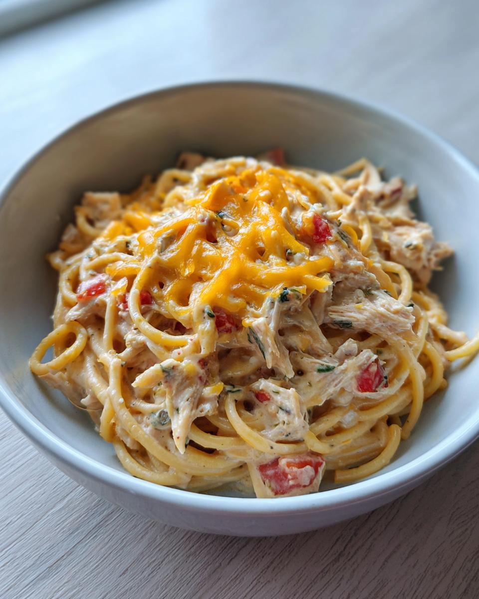 A close-up of a bowl of Rotel chicken spaghetti, topped with melted cheddar cheese and visible pieces of chicken and diced tomatoes.