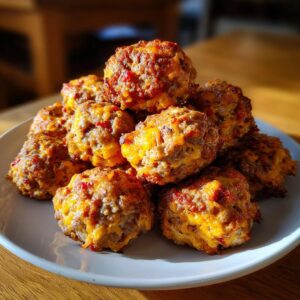 A pile of golden-brown rotel sausage balls with melted cheese and visible red pepper flakes on a white plate.