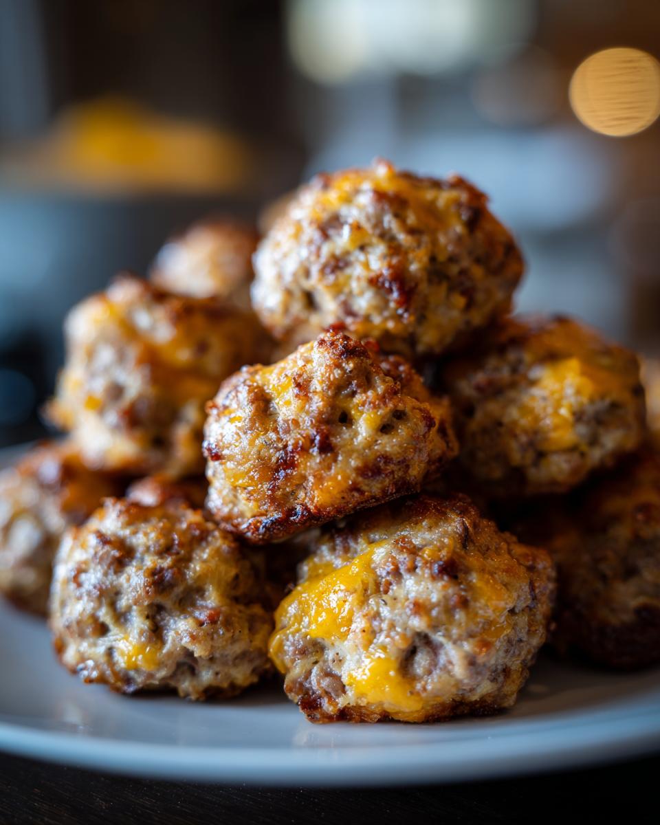 A close-up shot of a pile of golden-brown rotel sausage balls with melted cheese.