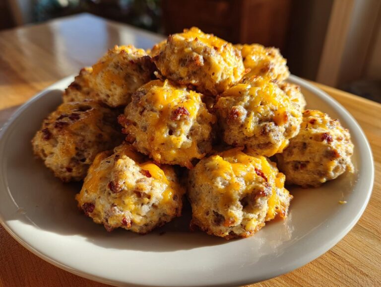 A pile of golden-brown spicy Rotel sausage balls topped with melted cheese on a white plate.