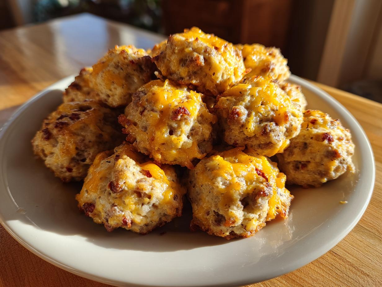 A pile of golden-brown spicy Rotel sausage balls topped with melted cheese on a white plate.