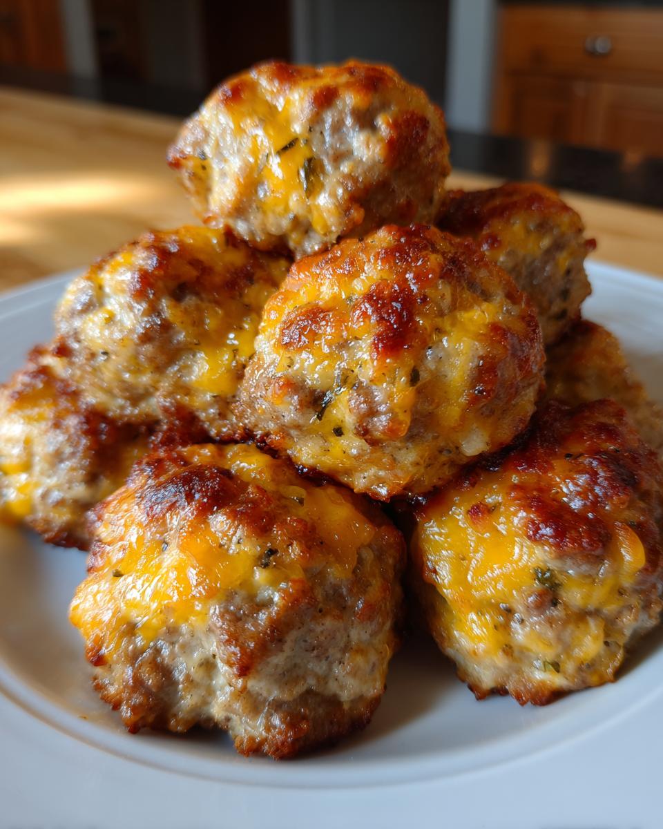 A pile of golden-brown rotel sausage balls topped with melted cheddar cheese.