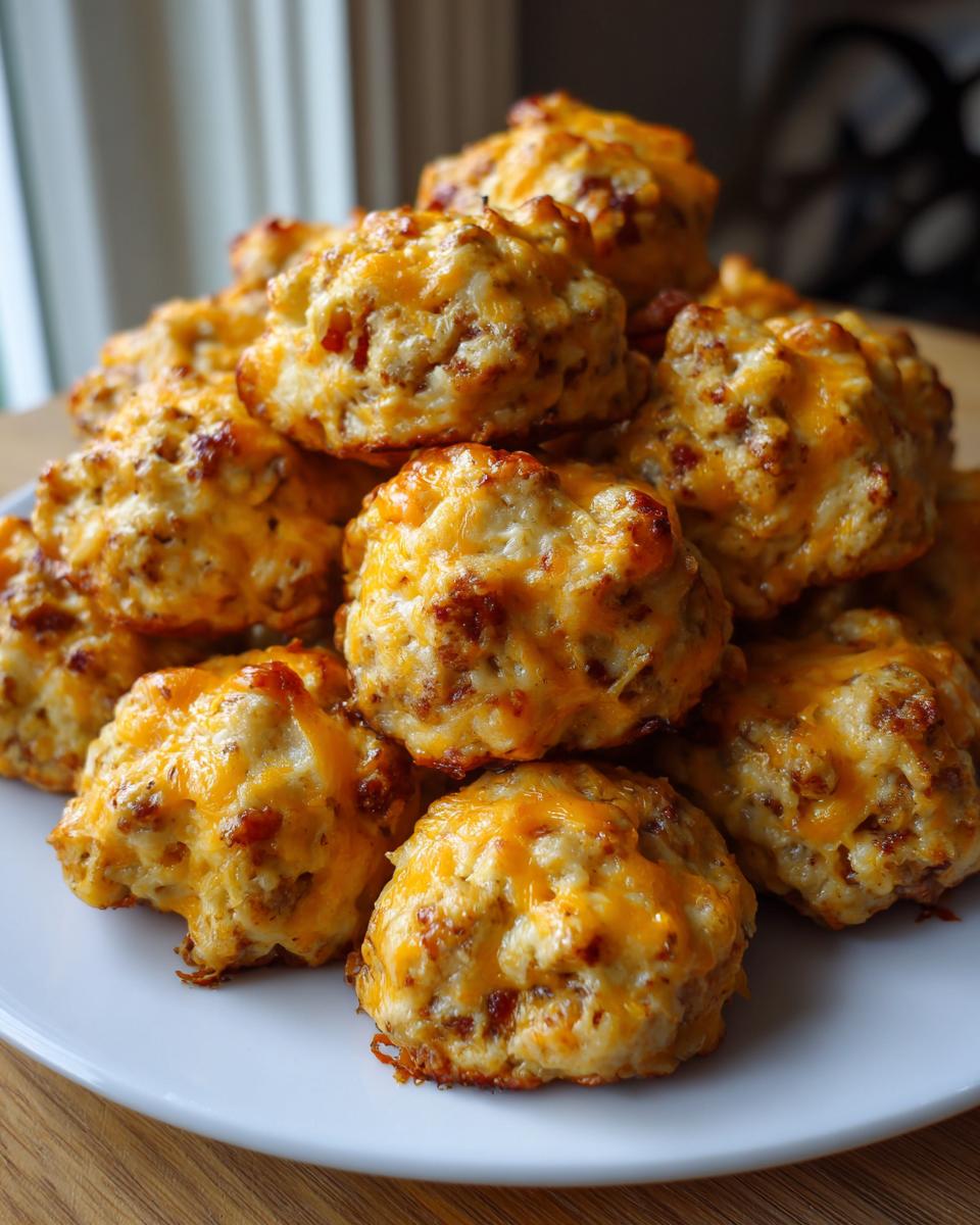 A close-up of a pile of golden-brown rotel sausage balls topped with melted cheddar cheese.