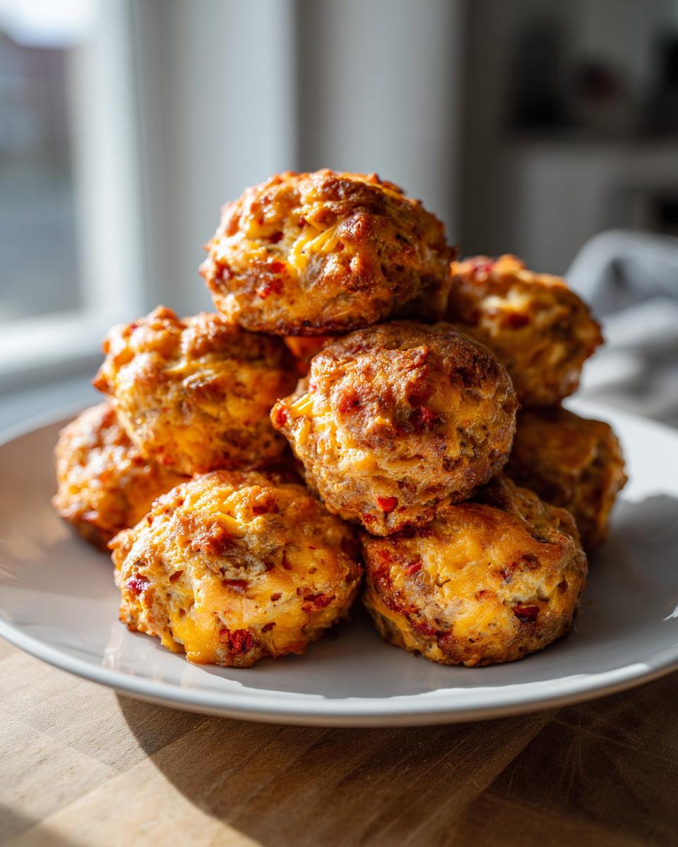 A pile of golden-brown rotel sausage balls on a white plate, showcasing visible chunks of cheese and diced tomatoes.