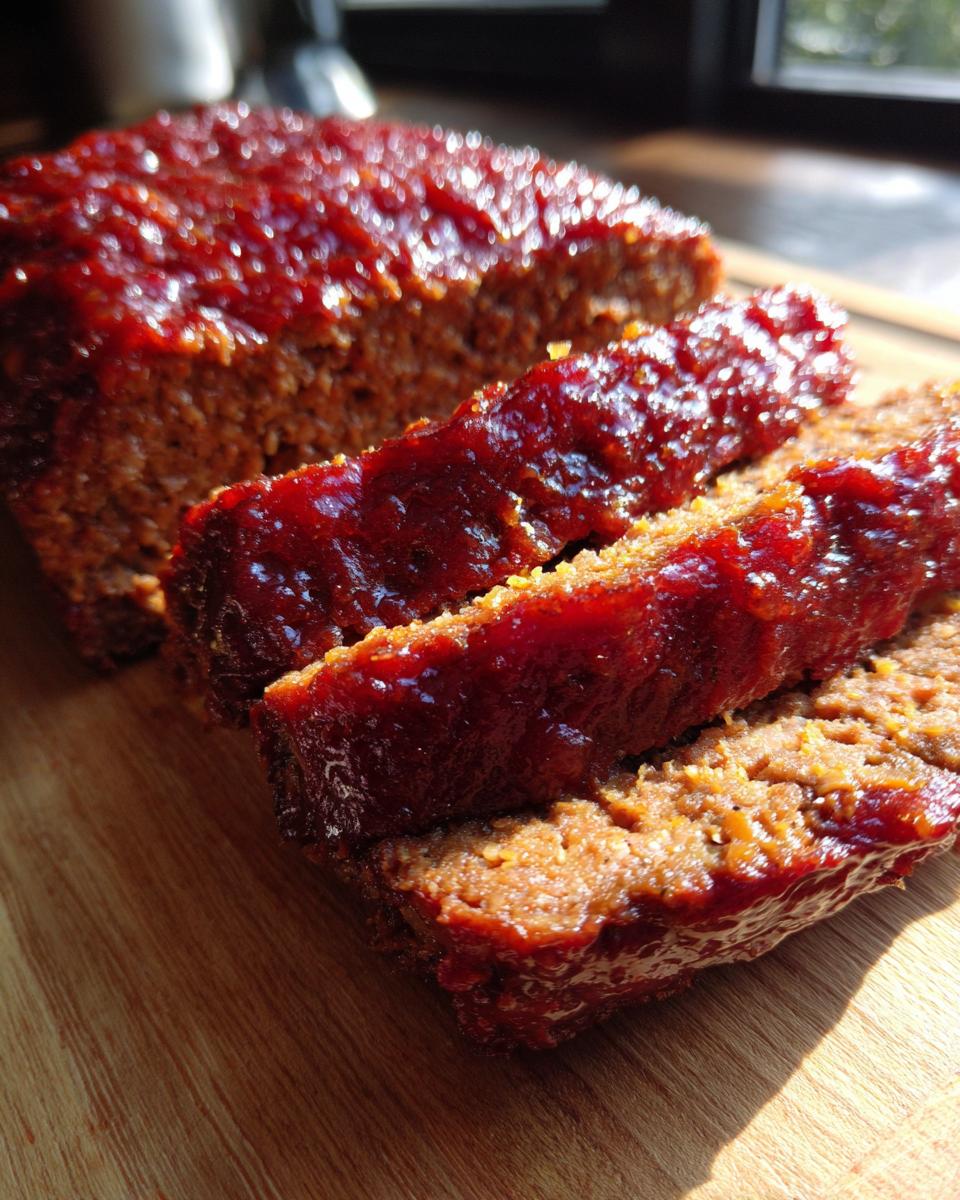 Close-up of a sliced sheet pan meatloaf with a glossy, dark red glaze.