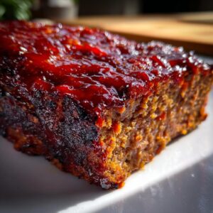 Close-up of a slice of sheet pan meatloaf with a glossy, red glaze on top.