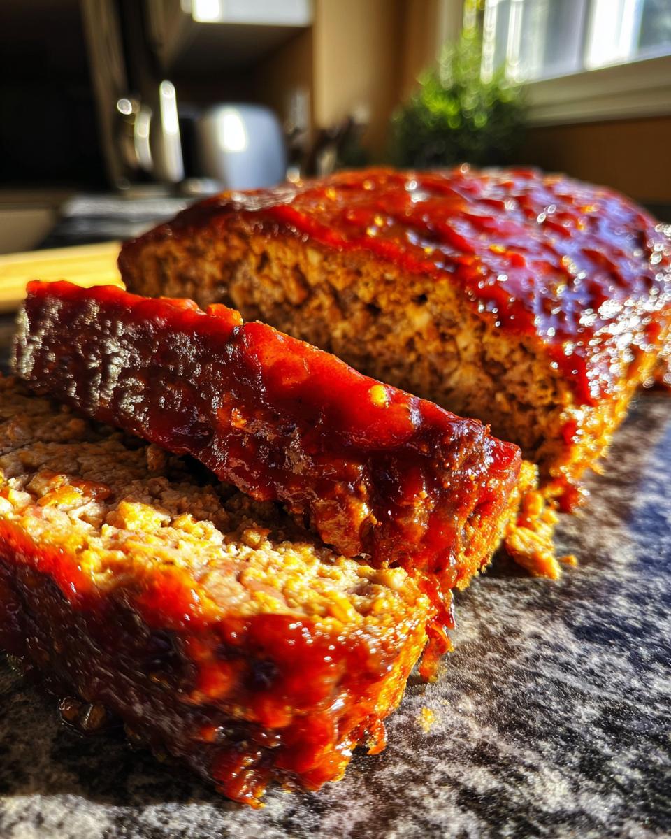 Close-up of a slice of sheet pan meatloaf topped with a glossy, rich glaze.