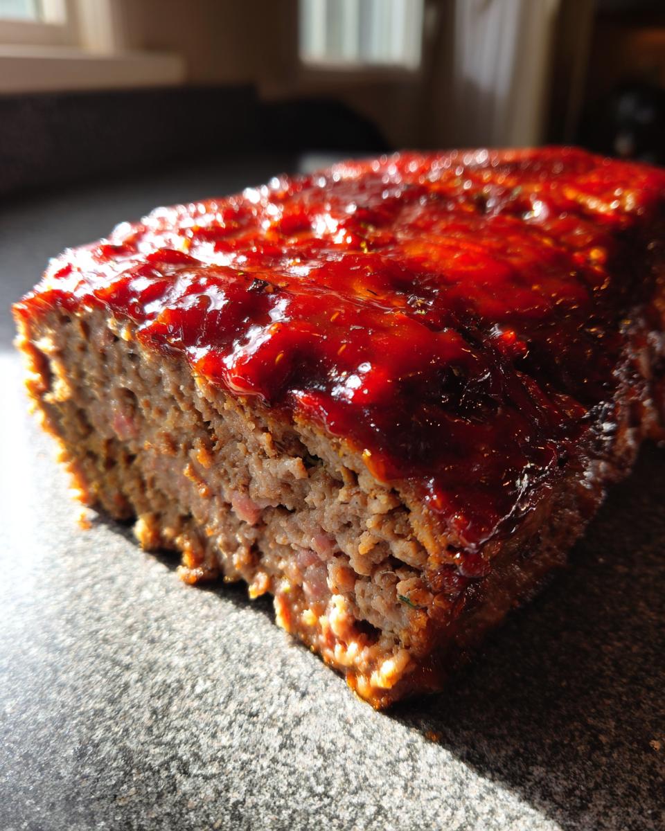 A close-up of a slice of sheet pan meatloaf topped with a shiny red glaze.