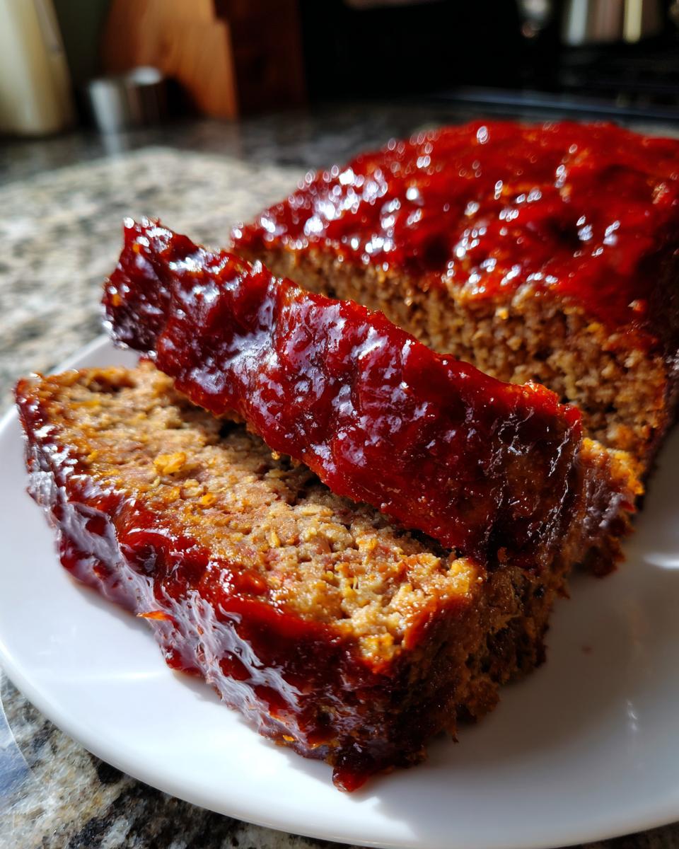 Close-up of a slice of sheet pan meatloaf topped with a glossy red glaze.