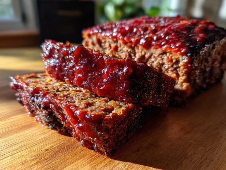 Close-up of a slice of sheet pan meatloaf with a glossy red glaze.