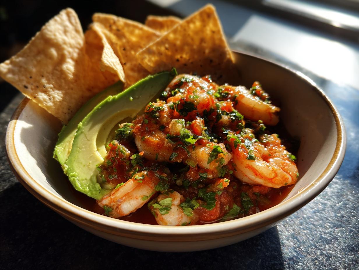 A bowl of delicious shrimp ceviche with avocado slices and tortilla chips, perfect for a party appetizer.