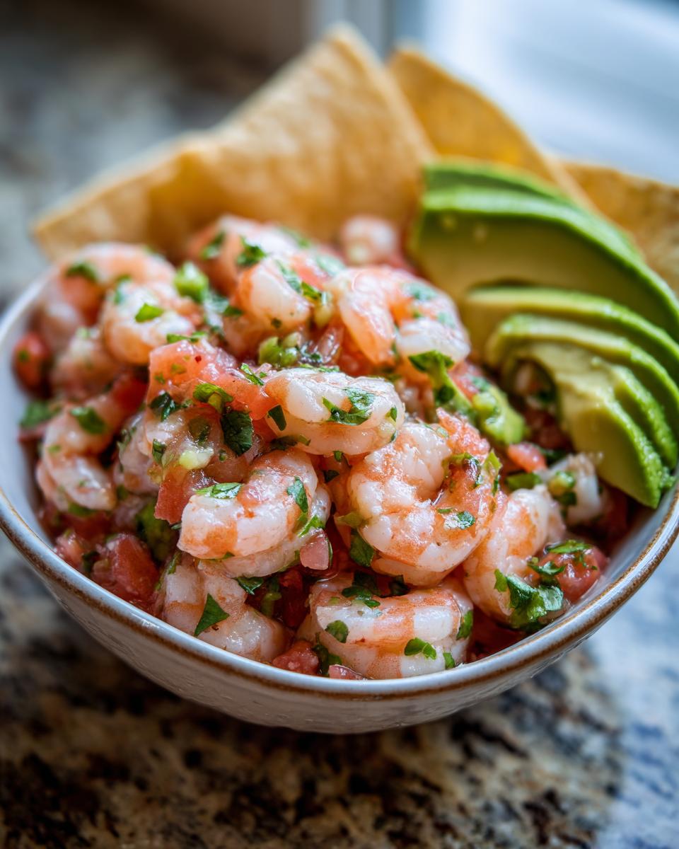 A refreshing bowl of shrimp ceviche with chopped tomatoes, cilantro, and avocado slices, served with tortilla chips.