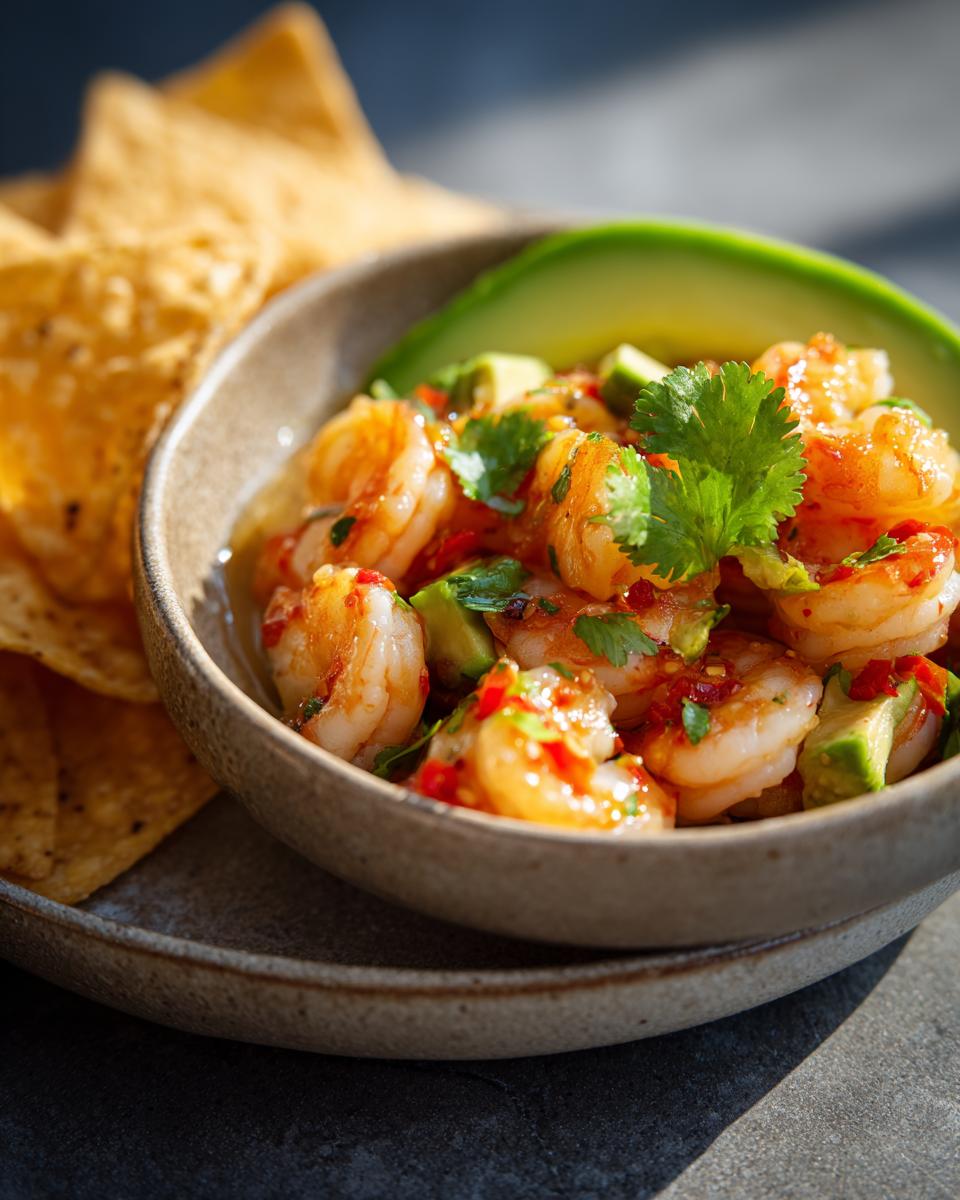 A close-up of vibrant shrimp ceviche in a bowl, mixed with avocado and cilantro, served with tortilla chips.