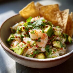 A close-up of vibrant shrimp ceviche with avocado, cilantro, lime, and red pepper flakes, served with tortilla chips.