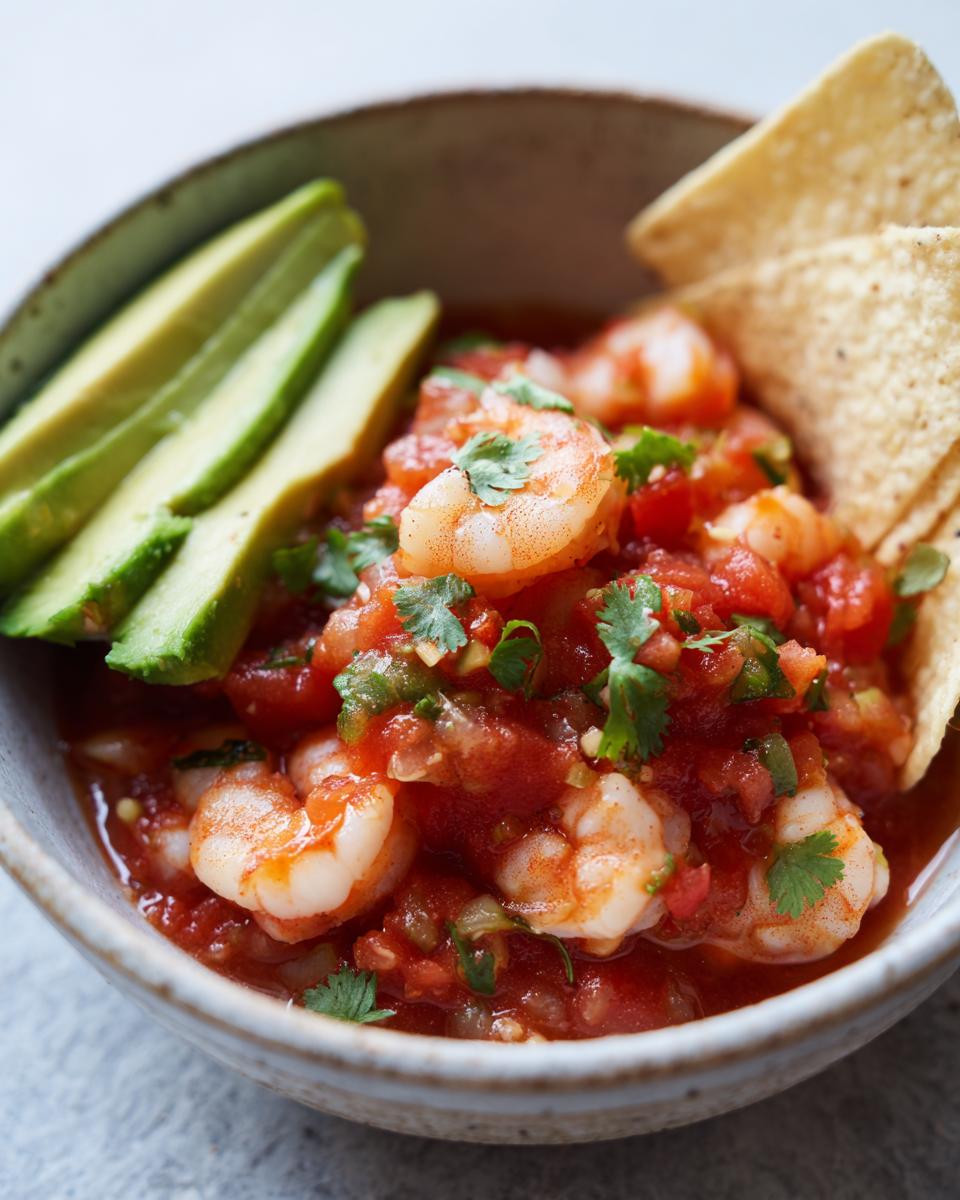 A bowl of fresh shrimp ceviche, featuring plump shrimp, chopped tomatoes, cilantro, and avocado slices, served with tortilla chips.