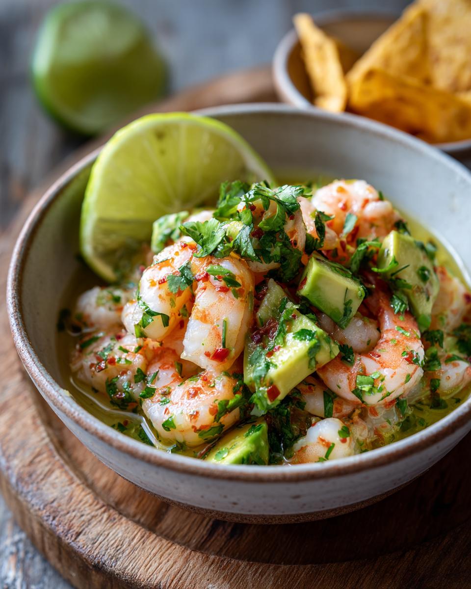 A close-up of a bowl of vibrant shrimp ceviche, featuring cooked shrimp, diced avocado, fresh cilantro, and a lime wedge.