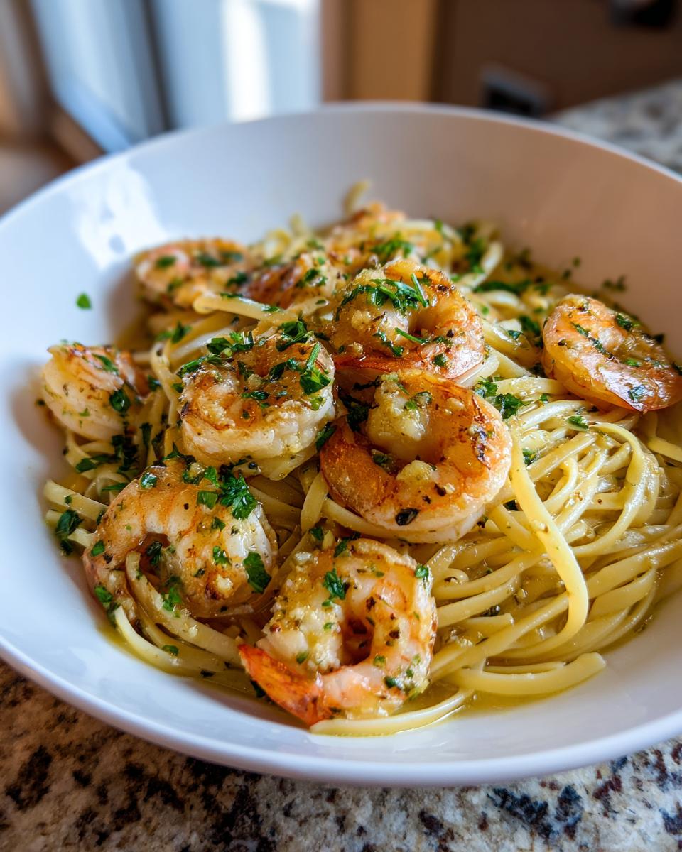 A close-up of a bowl of shrimp scampi with linguine pasta, topped with fresh parsley.
