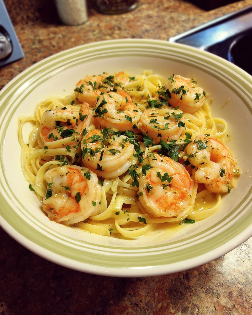 A close-up of a bowl of shrimp scampi with linguine pasta, garnished with fresh parsley.