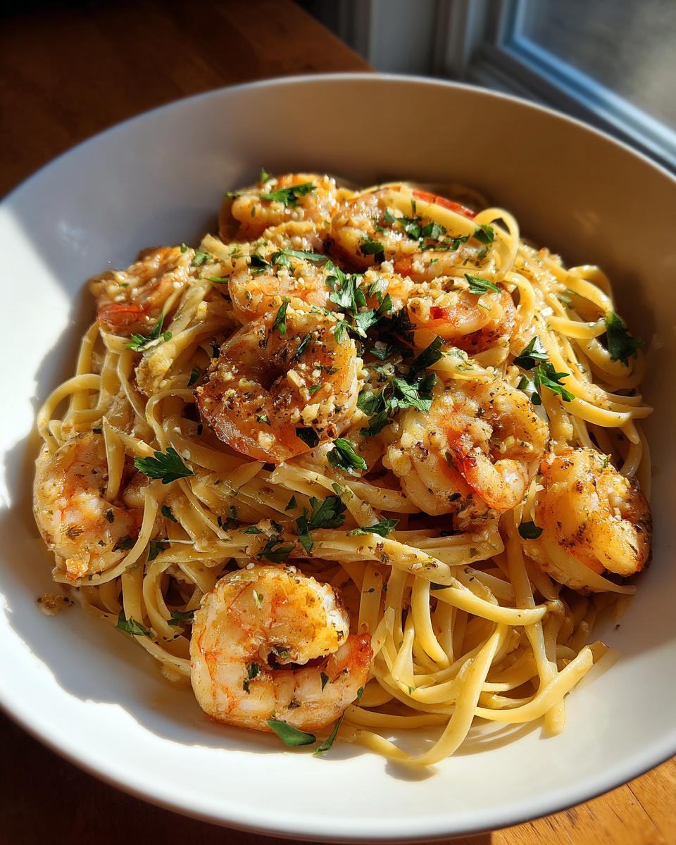 A close-up of flavorful shrimp scampi served over linguine pasta, garnished with fresh parsley.