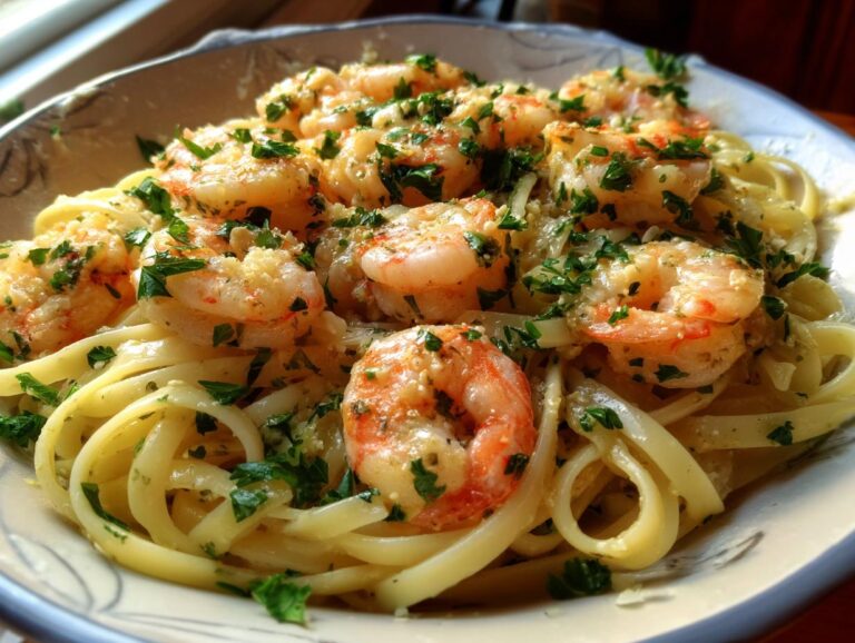 A close-up of perfectly cooked shrimp scampi served over linguine pasta, garnished with fresh parsley.