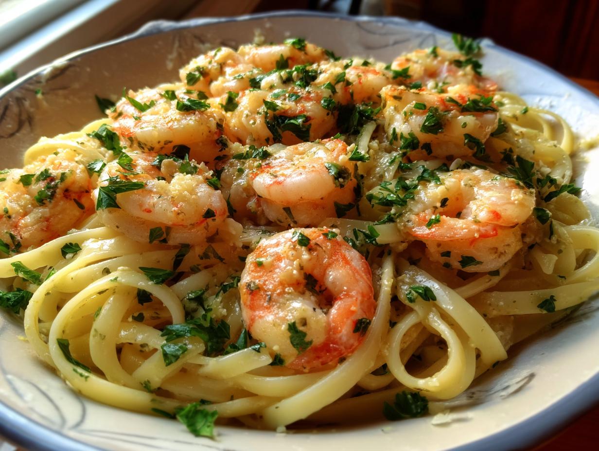 A close-up of perfectly cooked shrimp scampi served over linguine pasta, garnished with fresh parsley.