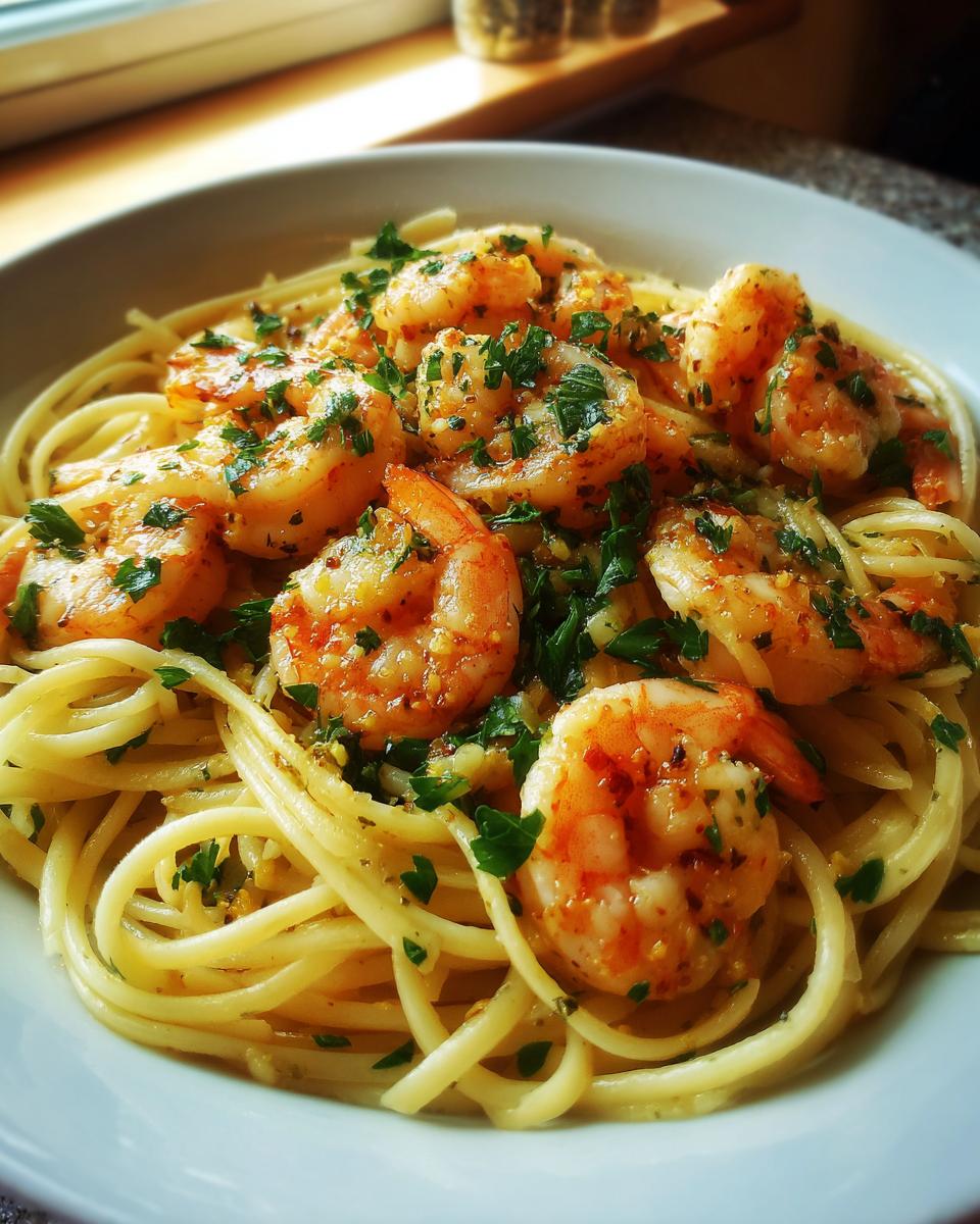 A close-up of a bowl of shrimp scampi with perfectly cooked spaghetti and fresh parsley.