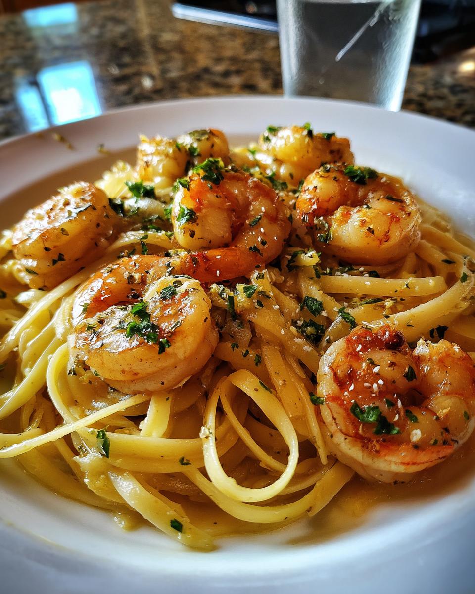 Close-up of delicious shrimp scampi without wine served over linguine pasta, garnished with parsley.