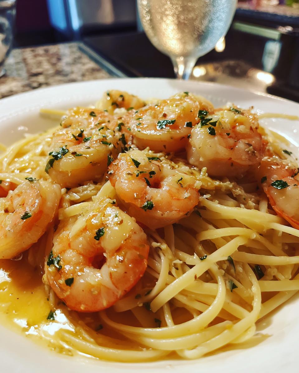 A close-up of shrimp scampi without wine served over linguine pasta, garnished with parsley.