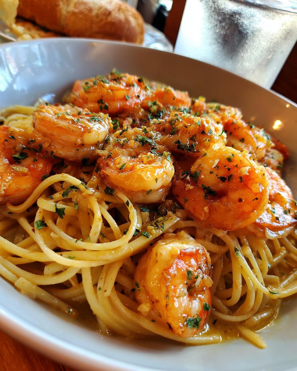 A close-up of a bowl of shrimp scampi without wine served over linguine pasta, garnished with parsley.