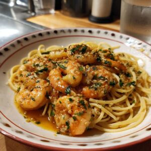 Close-up of a bowl of linguine pasta topped with succulent shrimp scampi without wine, garnished with parsley.