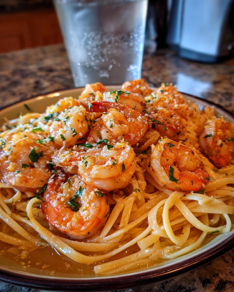 A close-up of a plate of shrimp scampi without wine served over linguine pasta, garnished with parsley and cheese.