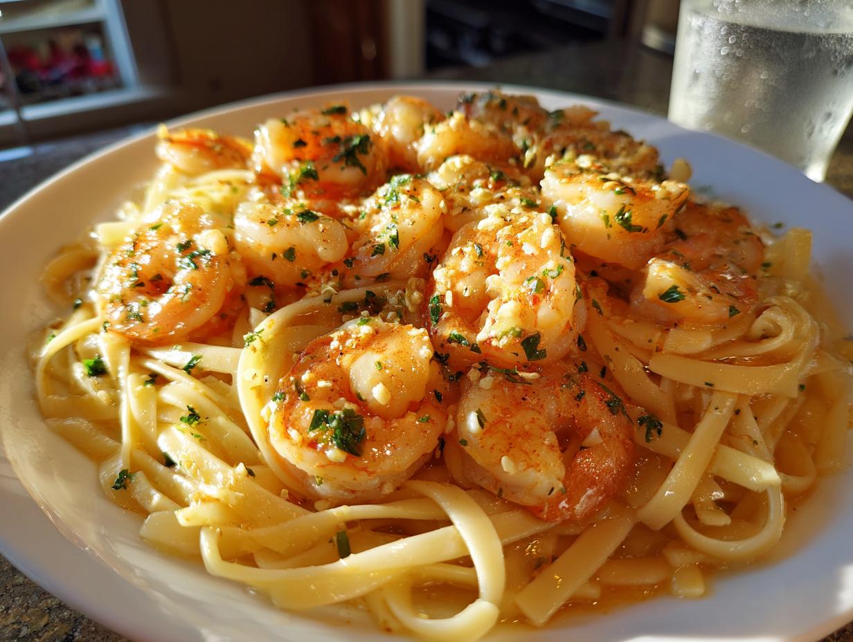 A close-up of a plate of shrimp scampi without wine, featuring plump shrimp and fettuccine pasta.