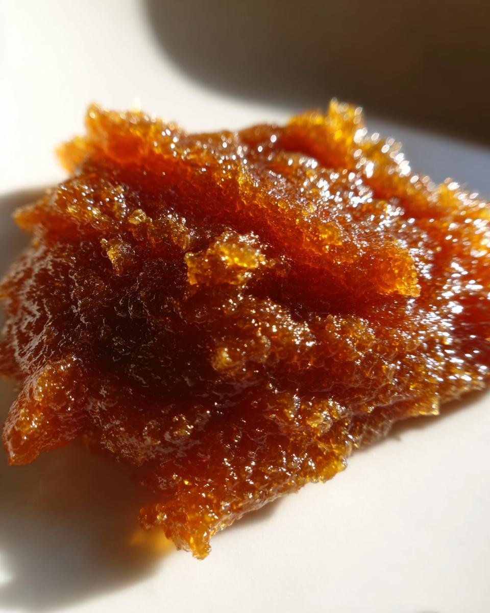 Close-up of a dollop of silky, glistening pear butter with a rich amber color.