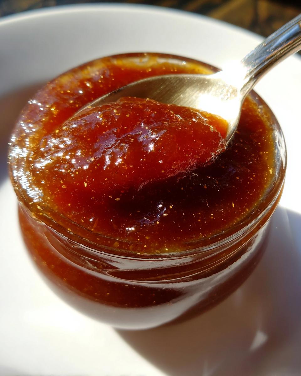Close-up of a spoonful of silky pear butter being lifted from a jar, showing its rich, dark color and smooth texture.