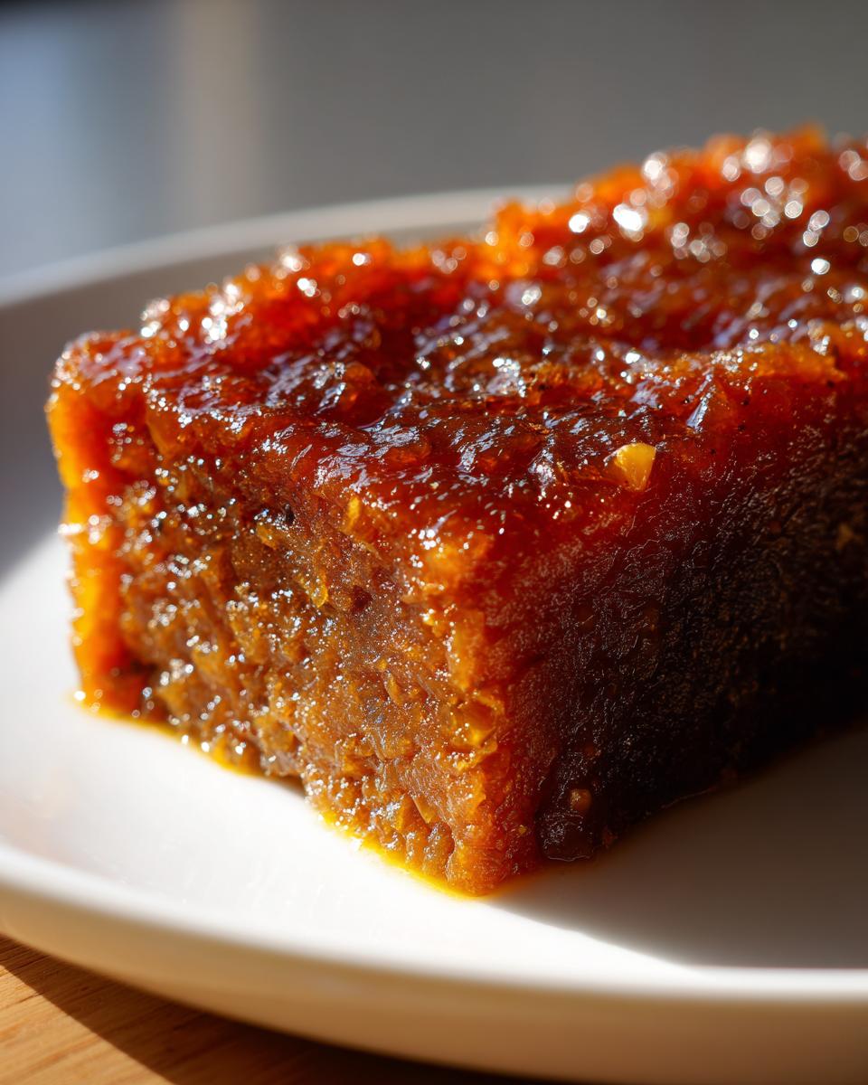 A close-up of a slice of silky pear butter on a white plate, showcasing its rich, amber color and textured surface.