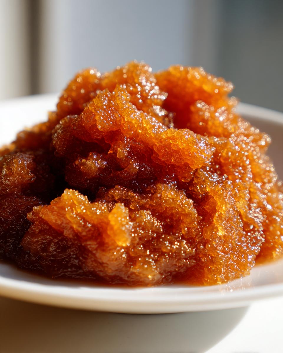 A close-up shot of silky pear butter, showing its rich amber color and textured surface.