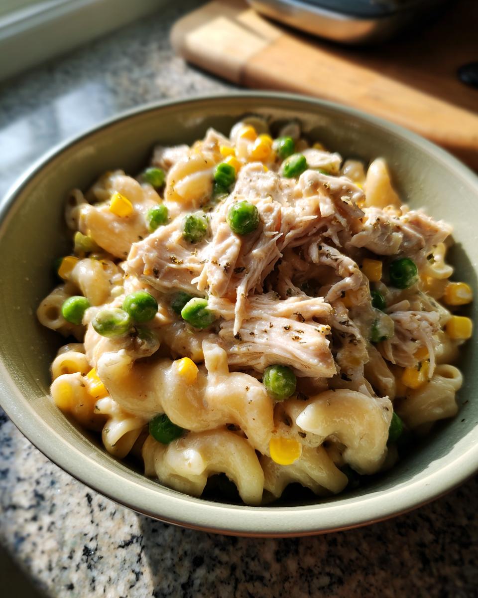 A bowl of creamy slow cooker chicken pot pie pasta with tender shredded chicken, peas, and corn.