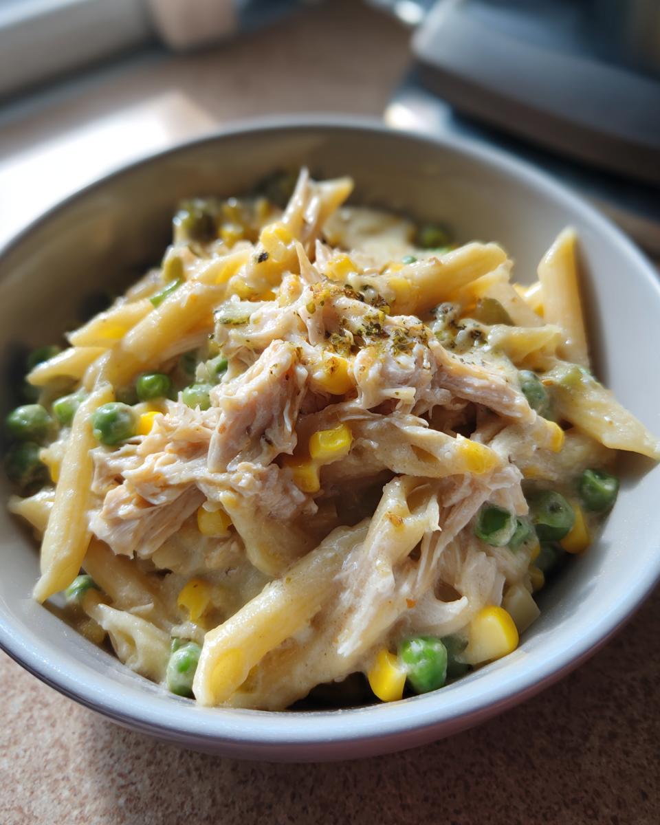A close-up of slow cooker chicken pot pie pasta with penne, shredded chicken, peas, and corn in a creamy sauce.
