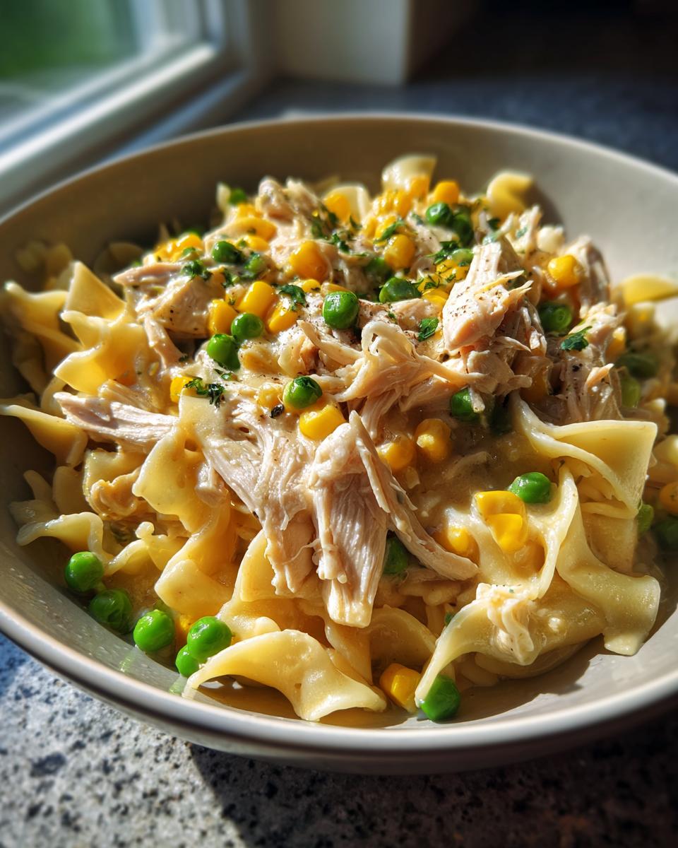 A bowl of slow cooker chicken pot pie pasta with shredded chicken, peas, corn, and wide egg noodles.