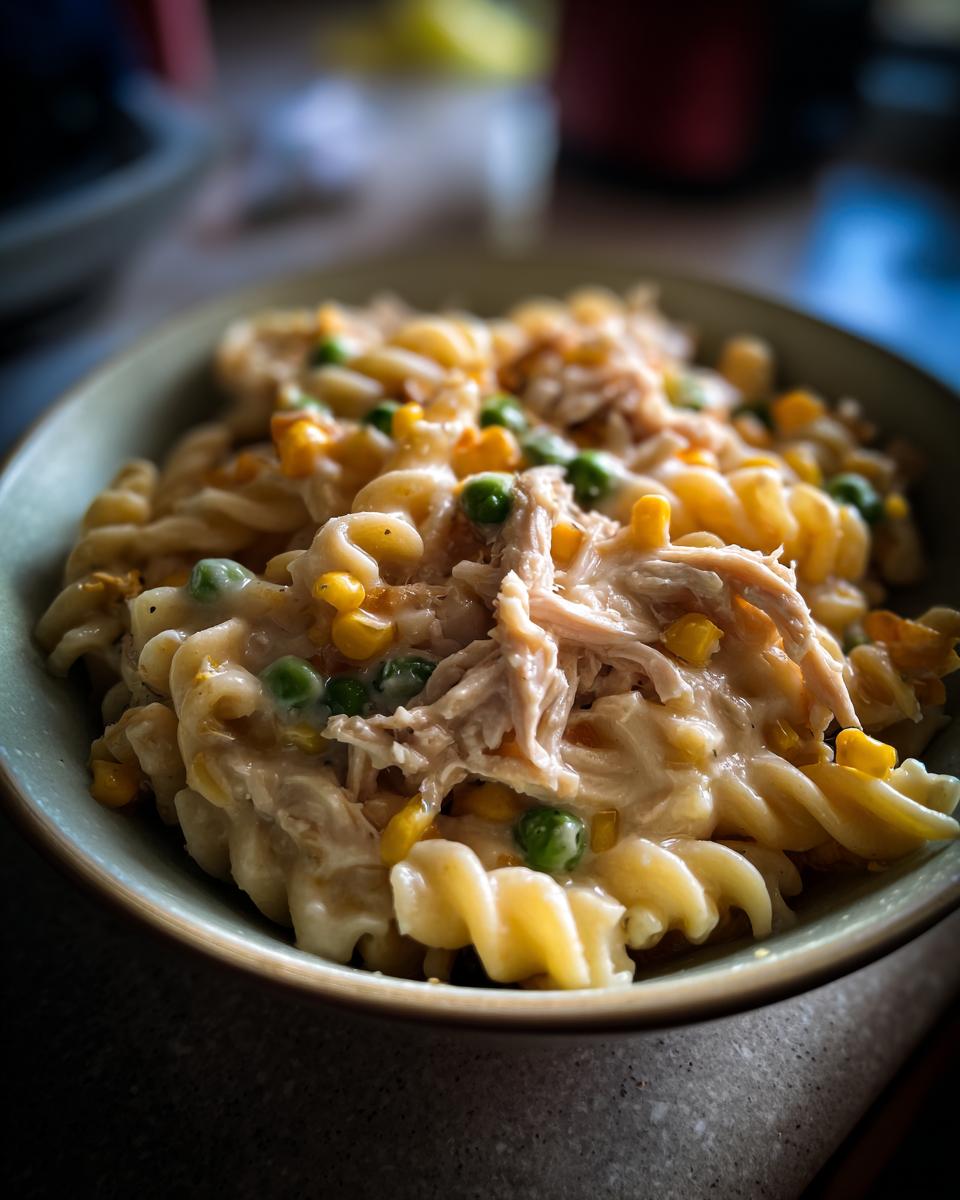 A bowl of slow cooker chicken pot pie pasta with shredded chicken, peas, and corn in a creamy sauce.