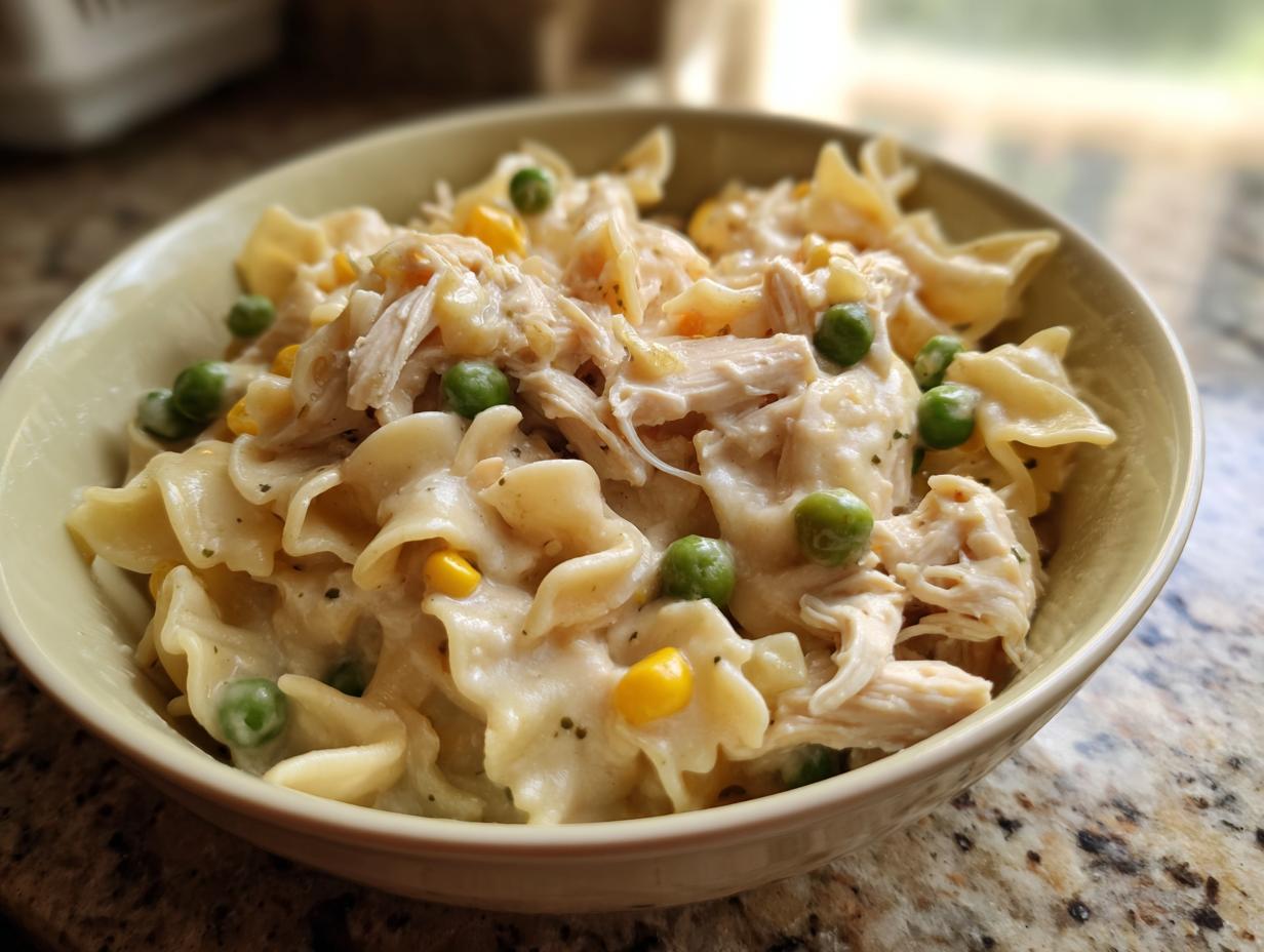 A bowl of slow cooker chicken pot pie pasta with tender shredded chicken, egg noodles, peas, and corn in a creamy sauce.