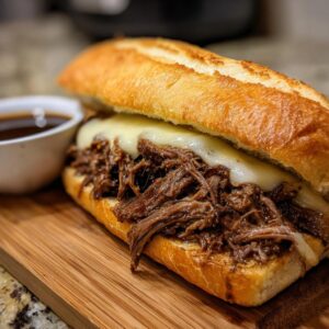 A close-up of a delicious slow cooker French dip sandwich overflowing with shredded beef and melted cheese, served with a side of au jus.