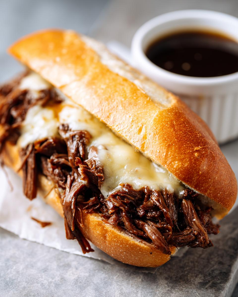 A close-up of a delicious slow cooker French dip sandwich filled with tender shredded beef and melted cheese, with a side of au jus.
