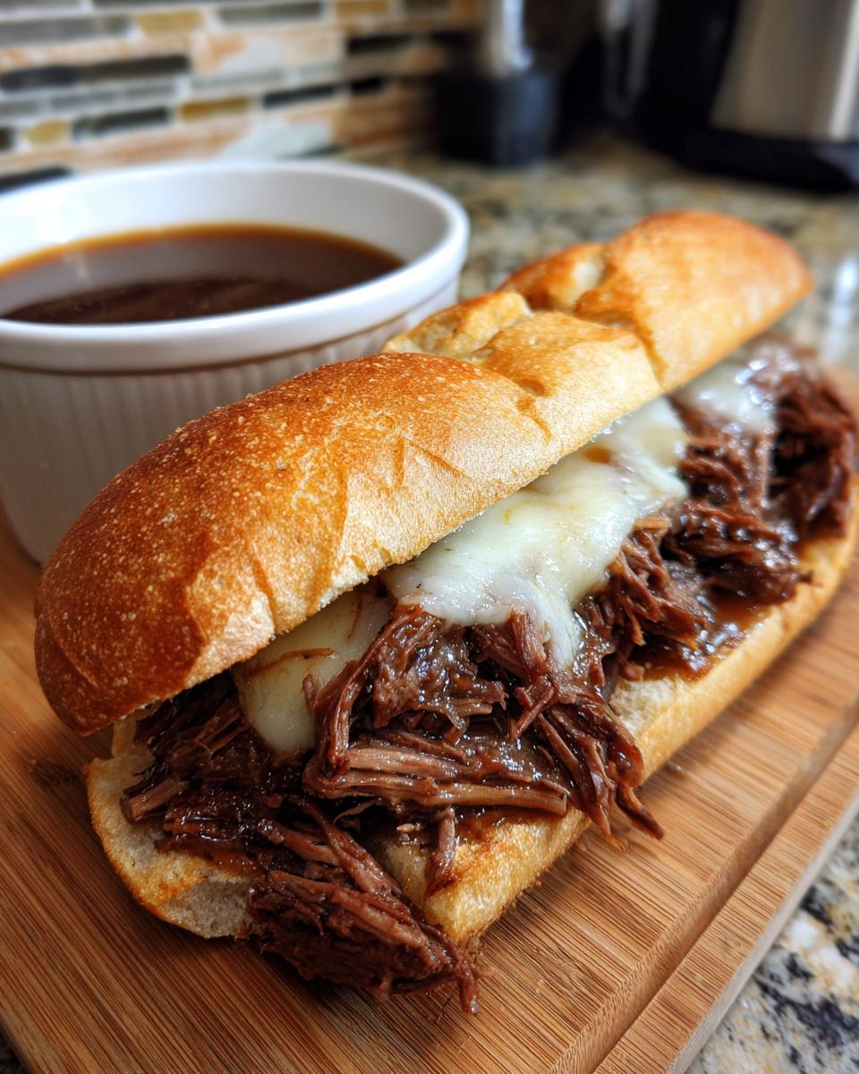 A close-up of a slow cooker french dip sandwich overflowing with tender shredded beef and melted cheese, served with a side of au jus.