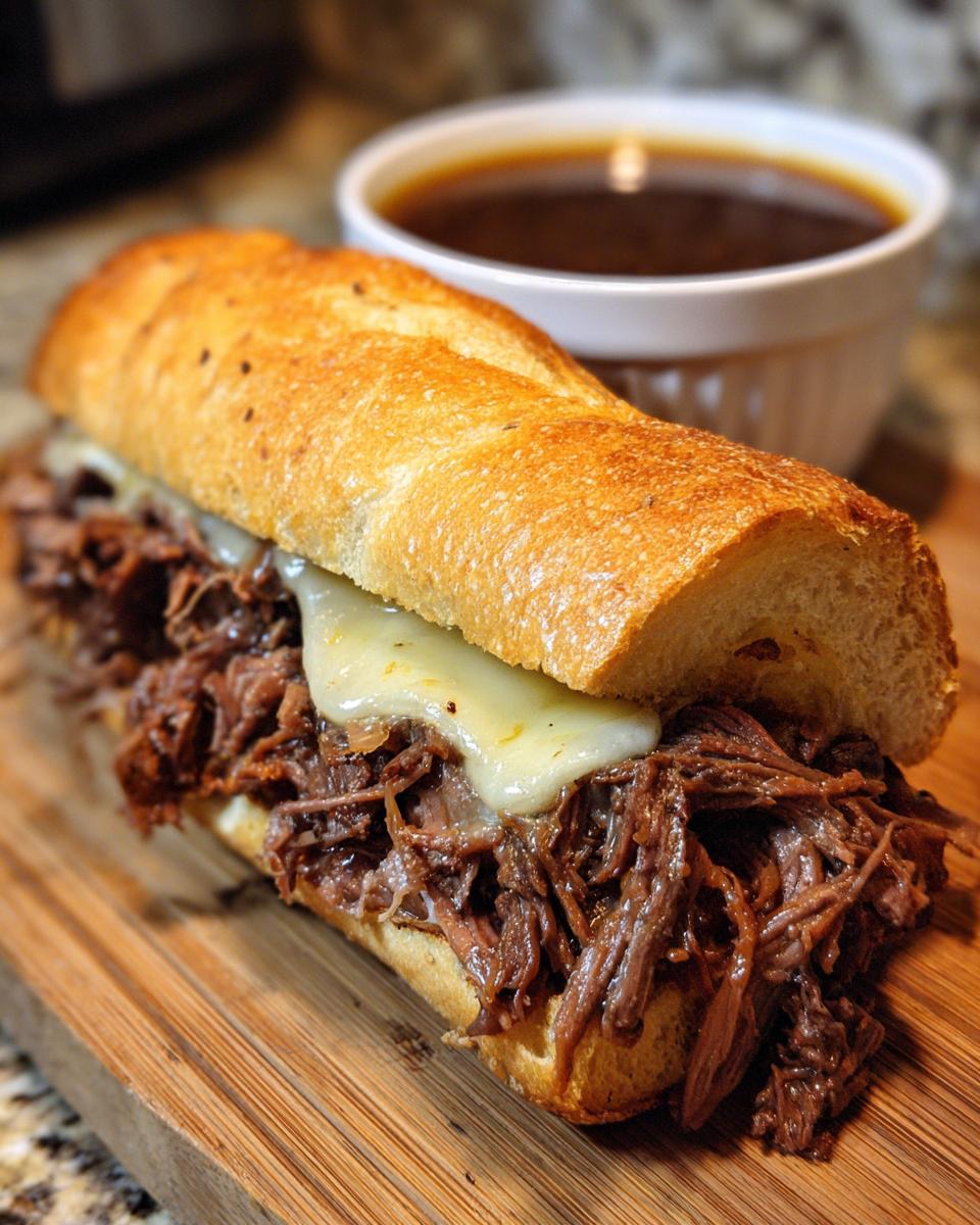 Close-up of a delicious slow cooker French dip sandwich with melted cheese and a side of au jus.