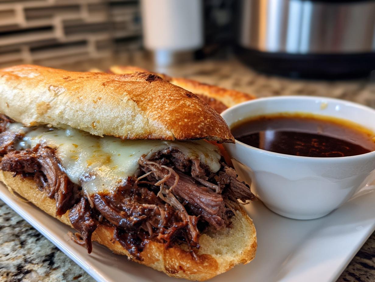 A close-up of a delicious slow cooker French dip sandwich with melted cheese and a side of au jus.