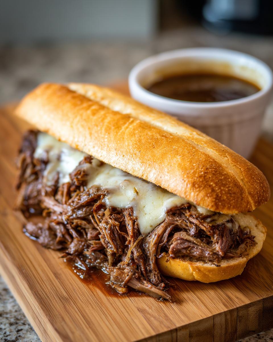 Close-up of a delicious slow cooker french dip sandwich piled high with shredded beef and melted provolone cheese, served with a side of au jus.