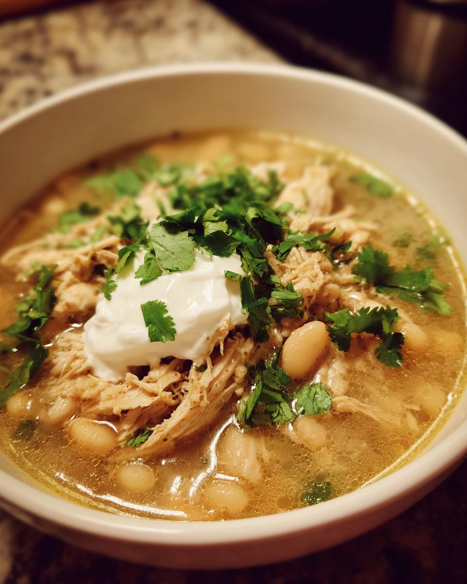 A close-up of a bowl of slow cooker white chicken chili topped with sour cream and cilantro.