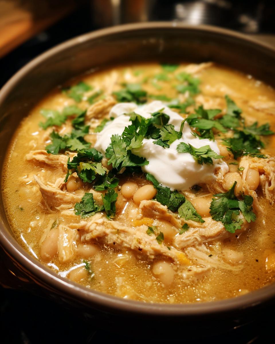 A close-up of a bowl of slow cooker white chicken chili, topped with sour cream and cilantro.